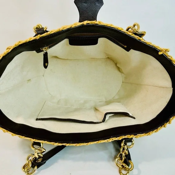 Michael Kors Santorini Raffia Woven Handbag Tote, Brown Leather/Gold Chain Strap - Picture 9 of 15